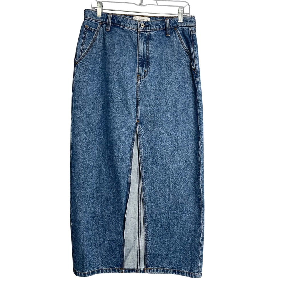 Abercrombie & Fitch Denim Midi Skirt Womens 8 Blue High Rise Front Slit Med Wash